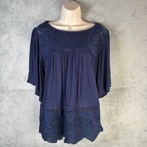Knox Rose‎ Womens Medium Tunic Top Navy Blue Eyelet Crochet Flowy Blouse